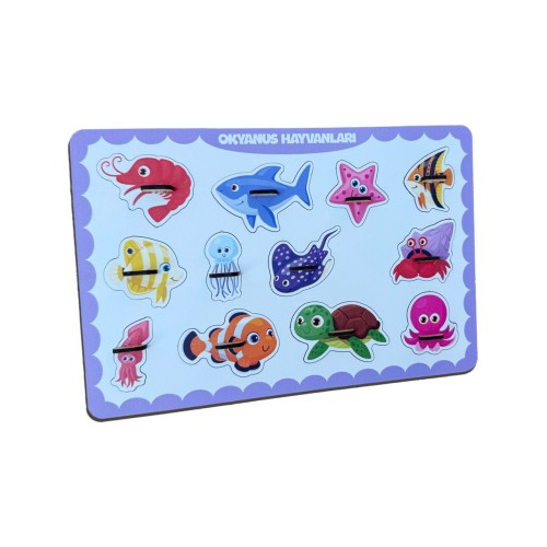 Hamaha Okyanus Hayvanları Ahşap Puzzle – 12 Parça Kulplu Yuvalı Eğitici Yapboz