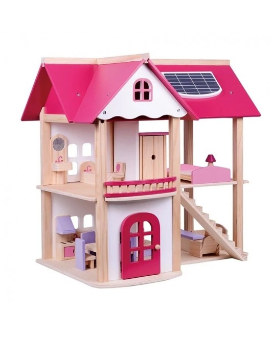 Hamaha Toptan Eğitici Ahşap Oyuncak Pembe Oyun Evi Mobilyalı Pink Doll House