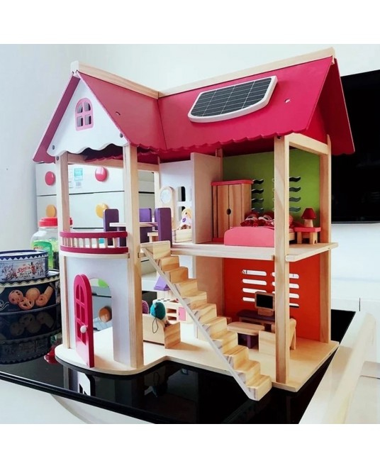 Hamaha Toptan Eğitici Ahşap Oyuncak Pembe Oyun Evi Mobilyalı Pink Doll House