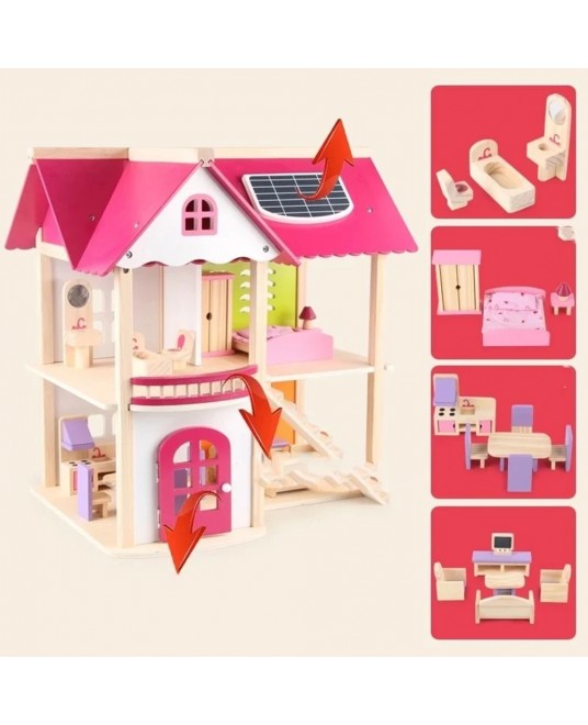 Hamaha Toptan Eğitici Ahşap Oyuncak Pembe Oyun Evi Mobilyalı Pink Doll House