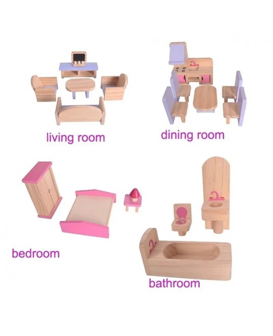 Hamaha Toptan Eğitici Ahşap Oyuncak Pembe Oyun Evi Mobilyalı Pink Doll House