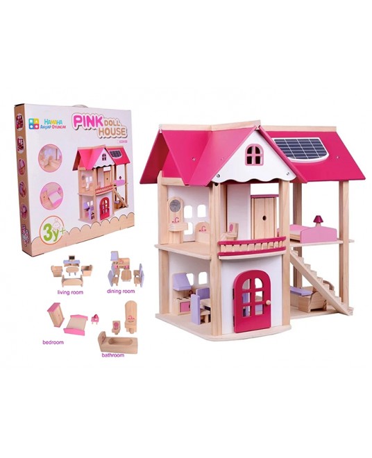 Hamaha Toptan Eğitici Ahşap Oyuncak Pembe Oyun Evi Mobilyalı Pink Doll House